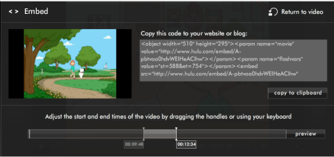 The Hulu.com clip editing screen